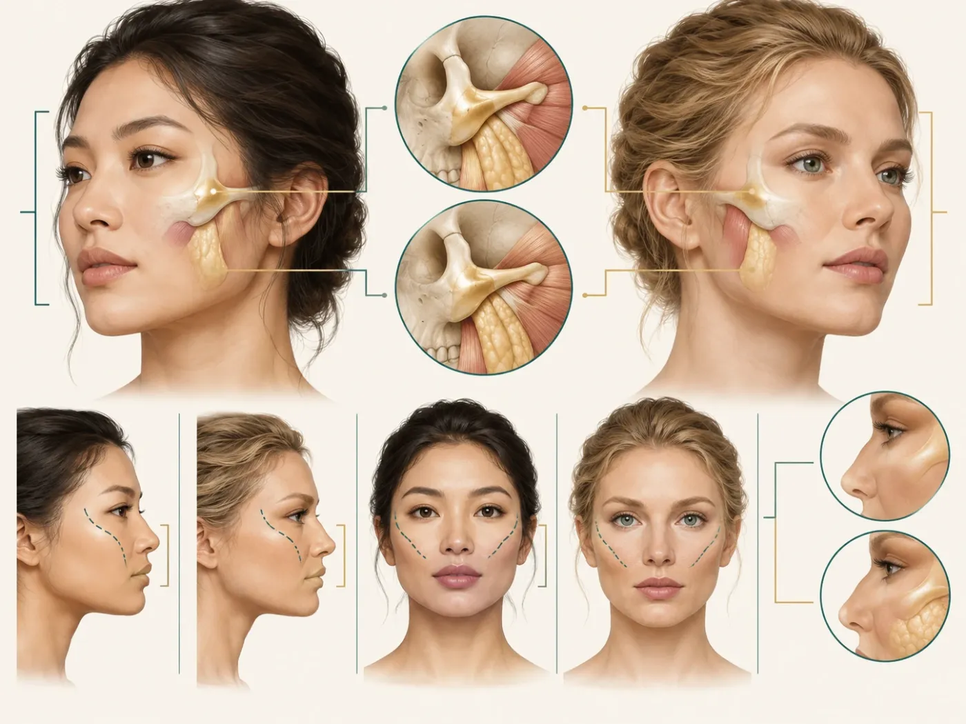High vs Low Cheekbones: How to Recognize Your Features Illustrated comparison of high and low cheekbones in front and profile views with bone and fat anatomy insets