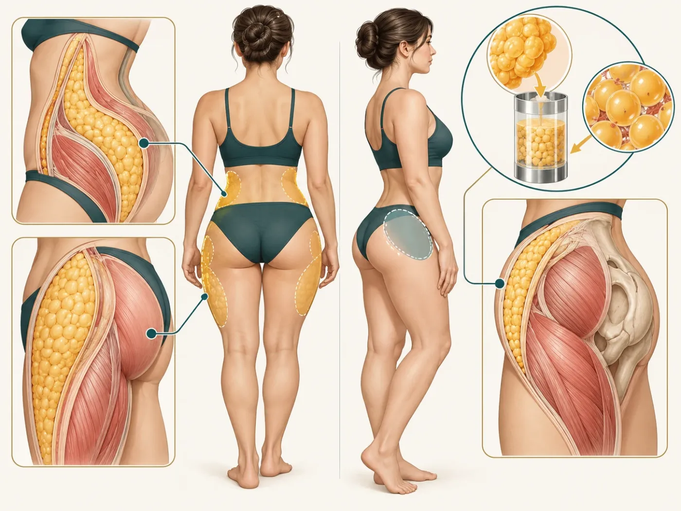 Diagrama ilustrado de transferencia de grasa en la cadera que muestra la extracción, el procesamiento y la colocación de la grasa en la cadera con la anatomía muscular.