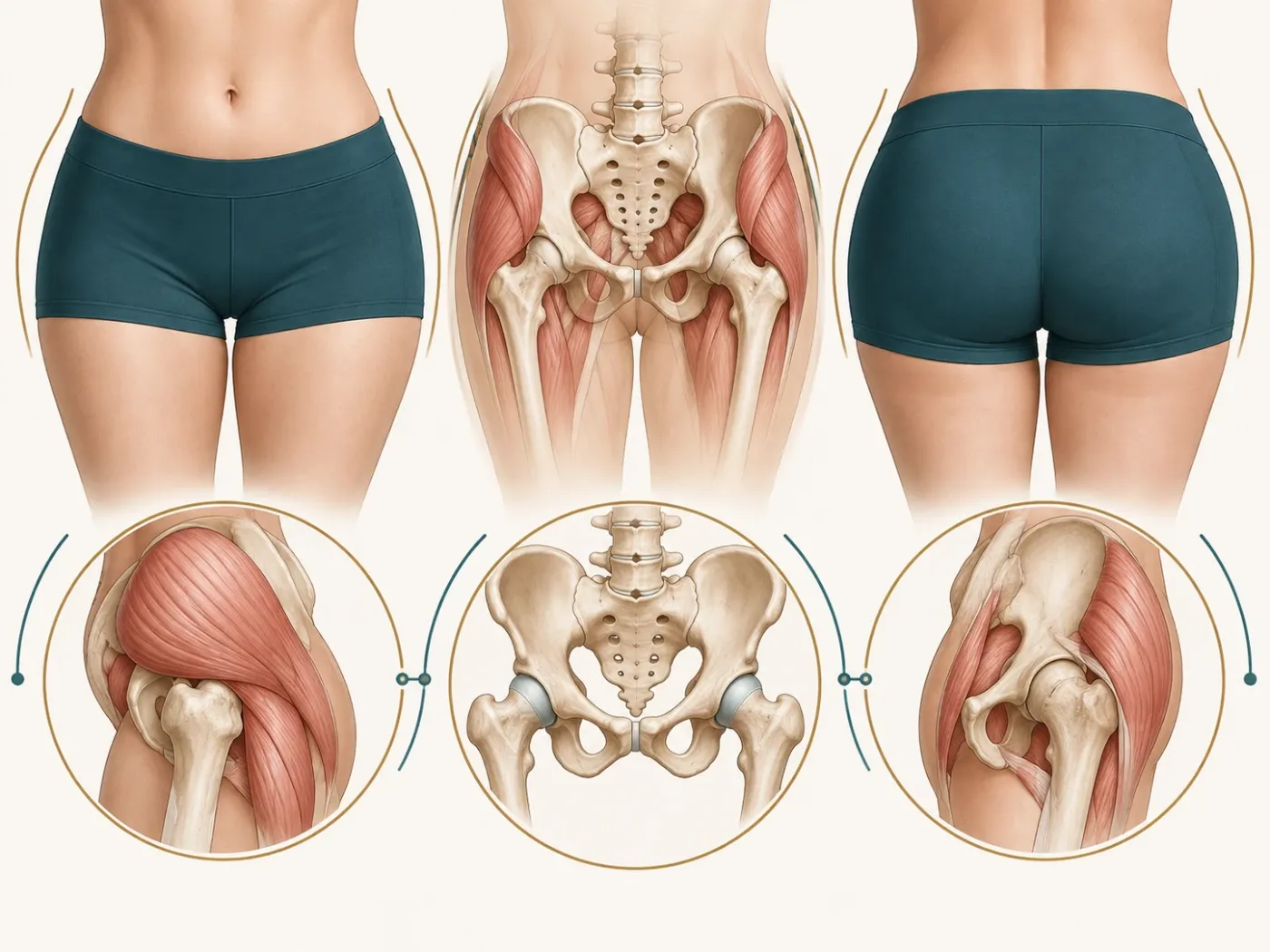 Comparación ilustrada de las hendiduras de las caderas vistas de frente y de espaldas, con diagramas de la anatomía del hueso pélvico y los músculos de la cadera.