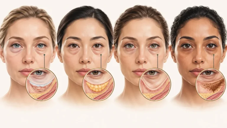 Illustration von vier Frauen mit Tränensäcken, mit Detailansichten, die Flüssigkeit, Fett, schlaffe Haut und Pigmentierung als verschiedene Ursachen zeigen.