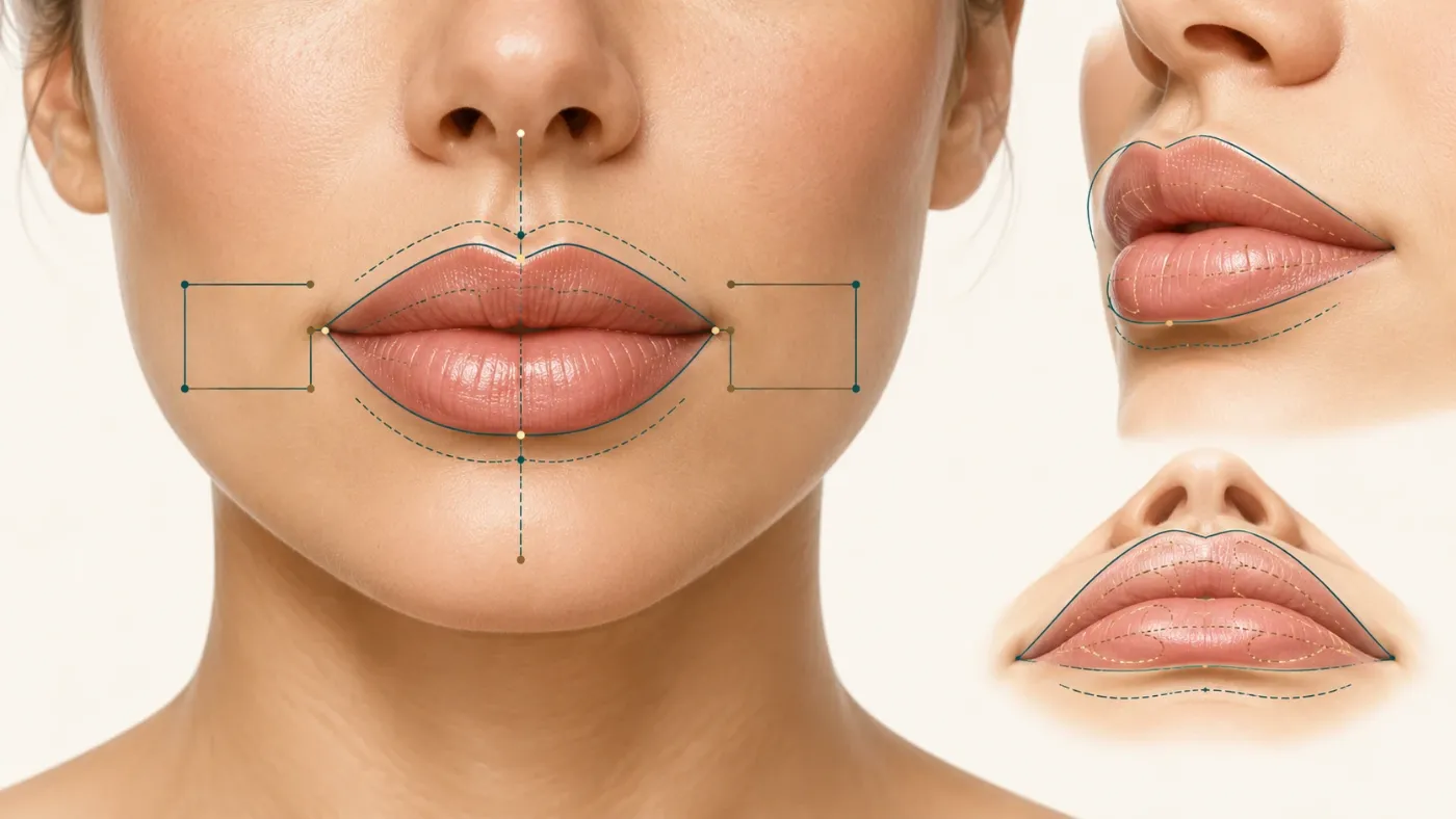 Hautfüller Türkei – Illustration der Lippenfüllerformen Dermalfiller Türkei in der Vivid Clinic Istanbul: Illustration der Lippen mit Messhilfen zur Planung der Lippenform.