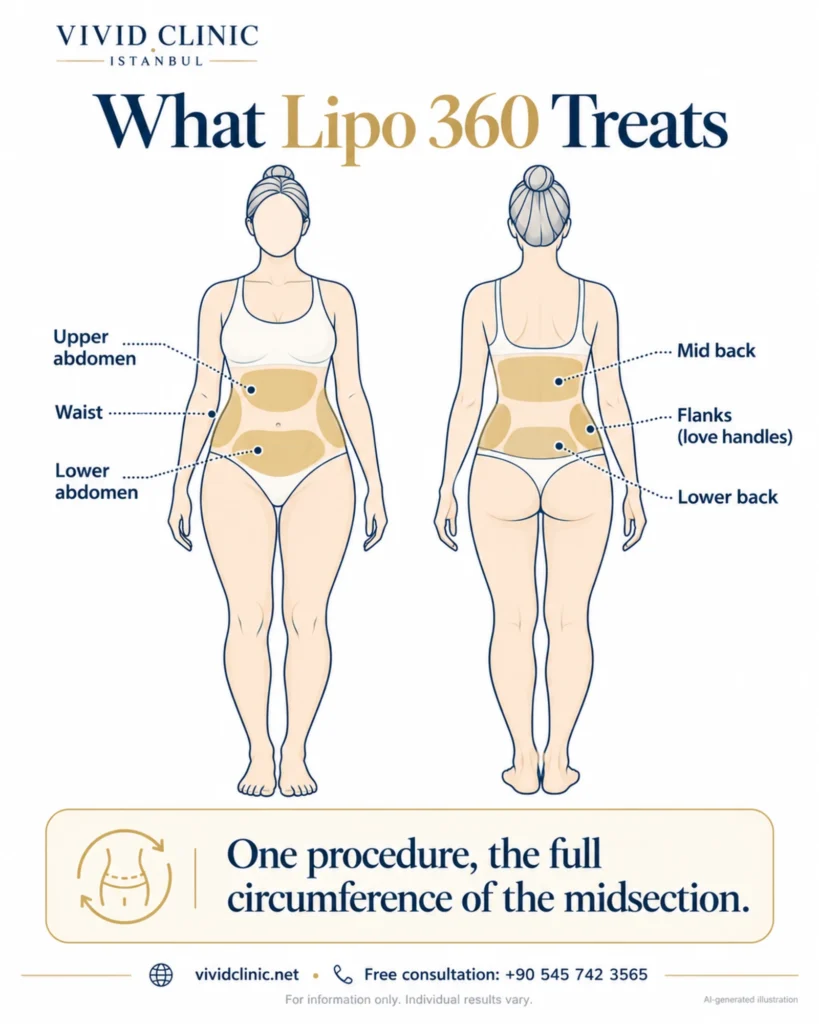 Lipo 360 Туреччина: 11 обнадійливих порад перед вашою трансформацією Згенерована штучним інтелектом ілюстрація областей живота, боків та спини, що обговорюються для Lipo 360.