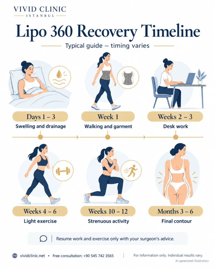 Lipo 360 Туреччина: 11 обнадійливих порад перед вашою трансформацією Згенерована штучним інтелектом ілюстрація прикладу часової шкали відновлення Lipo 360.