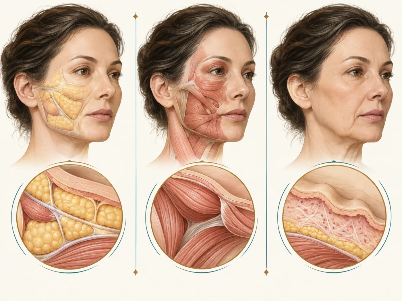 Kukla Çizgileri İçin Dolgu, Botoks ve Yüz Germe Karşılaştırması Kukla çizgilerinin arkasındaki yağ kaybı, kas gerilmesi ve cilt incelmesinin anatomik yakın çekimlerle karşılaştırmalı gösterimi.