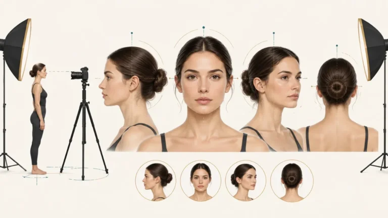 Illustration eines Fotostudios, das standardisierte Front- und Profilaufnahmen erstellt, um die Ergebnisse bei fliehendem Kinn zu vergleichen.