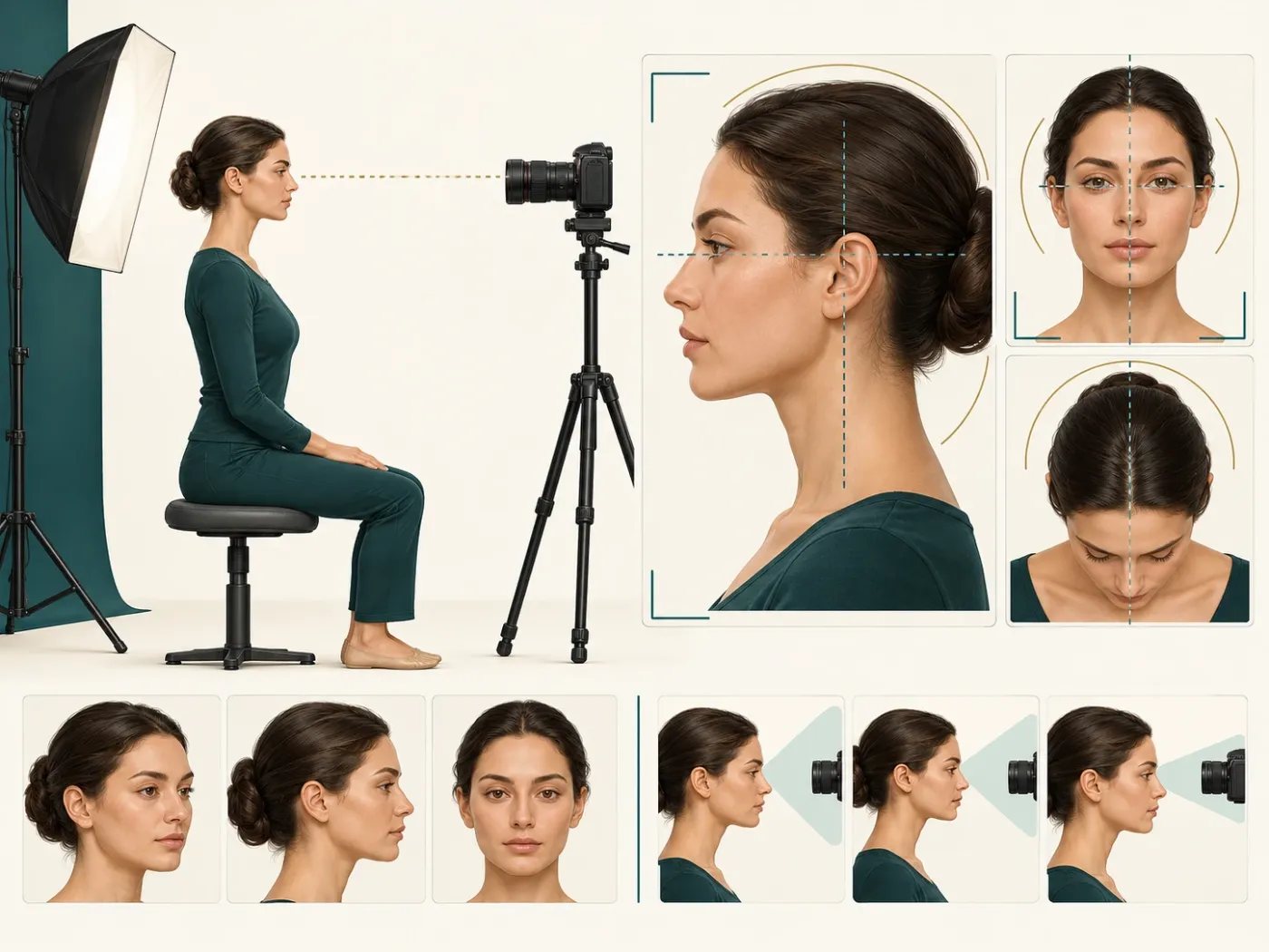 Zurückweichendes Kinn – Vorher und Nachher: Vergleich der Behandlungsergebnisse Zurückweichendes Kinn – Vorher und Nachher: Illustration einer Profilfotografie im Sitzen mit einem Raster aus übereinstimmenden Vorder- und Seitenansichten zum Vergleich eines hellen Kinns vor und nach der Behandlung.