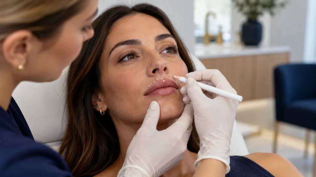 Dudak Şekillendirme ve Dudak Dolguları: Dudak Kaldırma, Dolgu ve Dudak Dikleştirme Yapay zeka tarafından oluşturulmuş, bir klinisyenin estetik muayene öncesinde yetişkin bir hastanın dudak kenarını işaretlemesini gösteren illüstrasyon.