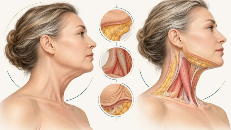 Boyun bölgesinde sarkma ve boyun yağı, platizma bantları ve gevşek deri detaylarını içeren, yaşlı bir kadının profil çizimi.