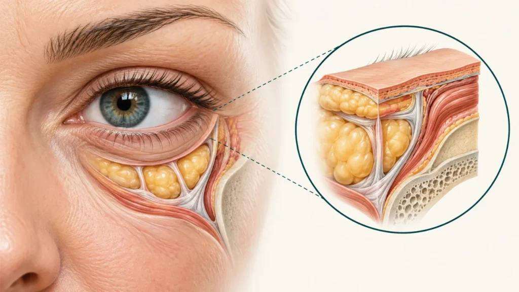Illustration des Unterlids mit anatomischer Detailansicht, die zeigt, wie sich das Orbitalfett nach vorne drückt und einen Tränensäckchen bildet.