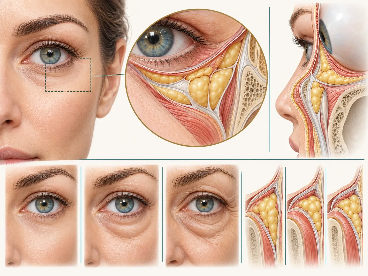 Ursachen von Tränensäcken: Illustration der Anatomie der Augenpartie in Nahaufnahme und Profil, wobei eine Reihe zeigt, wie Tränensäcke mit zunehmendem Alter stärker hervortreten.