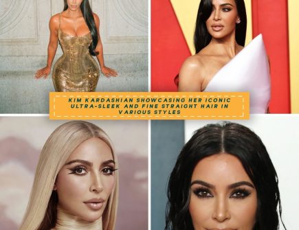 A collage featuring Kim Kardashian's fine and ultra-sleek hair in four different looks.