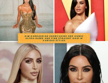 A collage featuring Kim Kardashian's fine and ultra-sleek hair in four different looks.